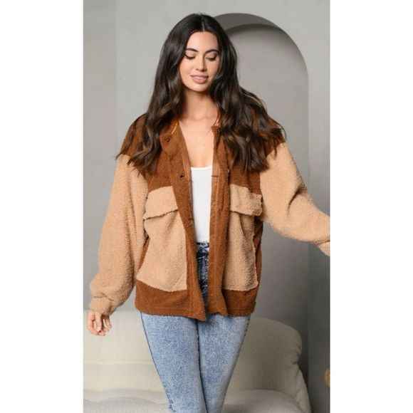 Peach Love Teddy Jacket Color block Chestnut brown taupe small - Picture 3 of 10
